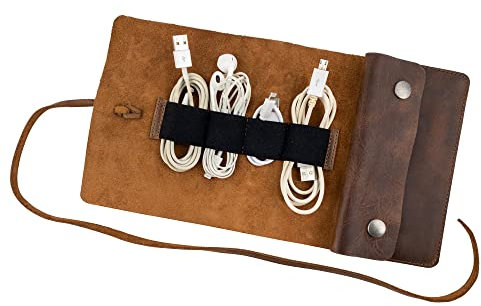 LeatherTex, Cable Roll Case, Portable Charging Cable Pouch, Carry Bag, Tech Organizer, Commuter Accessories, Full Grain Leather, Handmade, Bourbon Brown