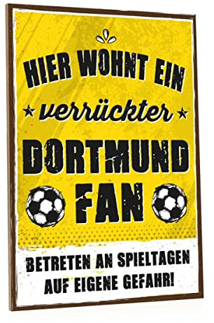 GRAVURZEILE Holzschild - Hier wohnt ein verrückter Fußball Fan - Farbiger Kunstdruck auf Holz für Fussball Fans - Wand Dekoration im Vintage Look - Geschenke für Sie & Ihn - Farbe Dortmund