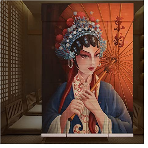 Artiz Licht Filternde Rollos Jalousien, Chinesische Peking-Oper Bedruckte Bambus-Rollos Oper Hängevorhang Hintergrund-Wandtrennwände (Farbe : Natural, Größe : 120X180CM)