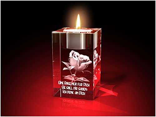 GLASFOTO.COM Rose + Ich denk an dich in 3D als Teelichthalter – Kristallglas mit Innengravur als Geschenk 50 x 80 x 50 in Premiumqualität