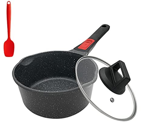 Bobikuke Stielkasserolle 16 cm mit Deckel Kochtopf Induktion Antihaft Pfanne, 1,5L Milchtopf mit Ausgießer, mit Abnehmbarer Griff, Geeignet für alle Herdarten, Backofen und Spülmaschinenfest (Schwarz)
