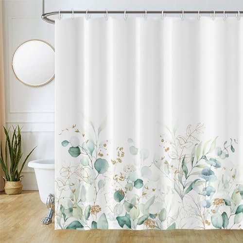 Rideau Douche Anti Moisissure, Uiiooazy Rideau de Douche 180x200cm Vert Sauge Feuilles d'eucalyptus Doré Rideaux de Baignoire Tissu Lavable Imperméable Polyester Rideaux Salle de Bain avec 12 Crochets