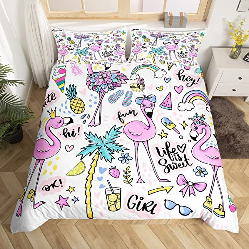 Homewish Rosa Flamingo Bettwäsche für Mädchen Frauen Nette Tier Flamingo Dekor Bettbezug 135x200,Hawaii Urlaub Stil Abdeckung Sommer Tropische Früchte Palmenblätter Romantisches Thema Bettwäsche