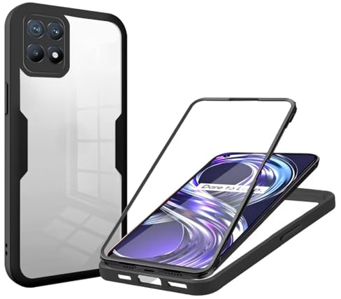 Haygdz 360 Grad Hülle kompatibel mit Realme 8i, Ganzkörper Schutzhülle mit eingebauter Glas Displayschutzfolie Stoßfeste Fullbody Handyhülle, Schwarz