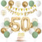 50th Birthday Decorations for Men and Women - Sage Green, White, Gold Balloons With Happy Birthday Banner, Cake Decoration, Number 50 Balloon for Party Decor