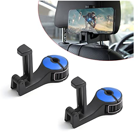 Adunsiaoto 2 Stück Auto Haken Kopfstütze für Autositze, 360 ° Rotation Versteckte Autositzhaken, 2-in-1 Heckhaken für Autositze mit Handyhalterung, Accessories(Blau)