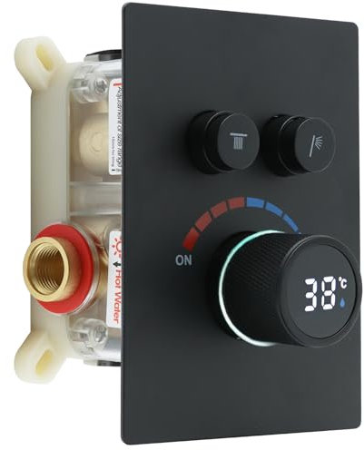 Delnet Solid Brass Shower Mixer Valve, Concealed 2 Way Outlet Digital Display Diverter Valve, Can Use All Options at A Time, Matte Black