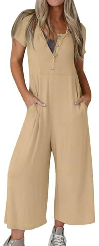 UnoSheng Schlafanzug Damen Frottee Damen-Overall, einfarbig, modisch, lässig, kurzärmelig, Tasche, weites Bein Jumpsuit Damen Blumen Kurz (Beige, XL)