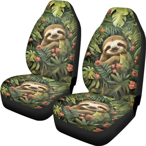 Talayituse Autositzbezüge mit Faultier-Blumen-Motiv, komplettes Set mit 2 Fahrzeugschonern, Vordersitzbezügen, dehnbar, waschbar, Autozubehör, Schalensitzbezug