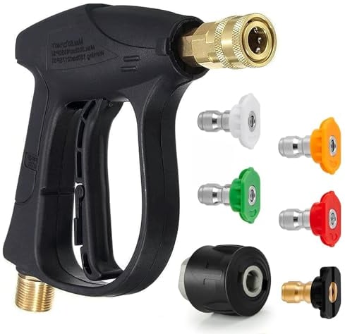 High Pressure Washer Gun, Short Jet Wash Gun with M22 14MM Hose Interface and Adaptor Compatible with Karcher 1/4 inch Quick-Connect Nozzles for Car Washing and Patio Cleaning + 5 Water Nozzle Tip