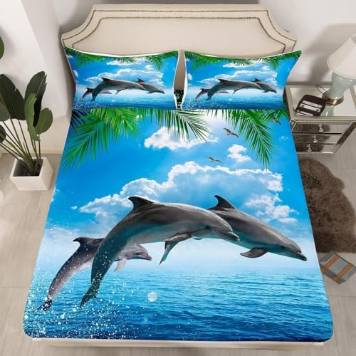 3D Delfin Spannbettlaken 120x200cm, Tropisches Hawaii Weiches Mikrofaser Bettlaken für Kinder, Bettlaken Spannbetttuch 120x200 bis 30 cm Matratzenhöhe mit 2 kissenbezüge a2796