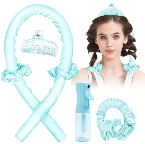 Heatless Curls Band Lockenwickler über Nacht, 6-teiliges Heatless Curls Set für traumhafte Locken ohne Hitze, Heatless Hair Curler mit der Sprayflasche, Haarspange,geeignet für mittellanges Haar- blau