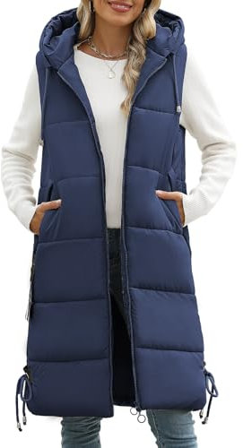 Vancavoo Women Quilted Gilets Black Body Warmer Ladies Longline Vest Jackets Hooded Waistcoat Lightweight Padded Sleeveless Puffer Down Coat Long Gilet Winter Outerwear With Pockets(Navy,XL)