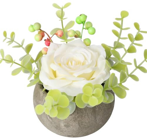 JUSTOYOU Rosa artificiale con vaso, combinazione di rose finte in seta e verde, piccola pianta artificiale in vaso con foglie di eucalipto per camera da letto, matrimonio, ufficio, librerie (1, rosa