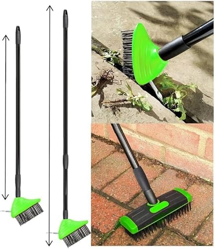 3 in 1 Telescopic Weed Remover Brush Wire Head Paving Decking Clean Scrub Moss Weed Remover Tool Wire Brush Scraper Set with Metal Broom & Weed Removal Head (Green)