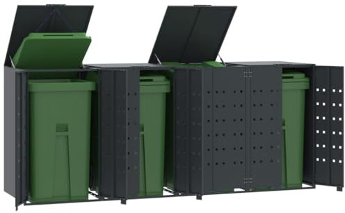 qohoio Wheelie Bin Storage for 4 Bins Anthracite 276x79x117 cm Steel,Garden Wheelie Bin Hideaway Waste Bin,Storage Shed w/Locking Doors Assisted lift up Lid easy use Outdoor Hygienic Dustbin Unit Cove