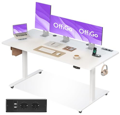 OffiGo Höhenverstellbarer Schreibtisch, 160cm Schreibtisch Höhenverstellbar Elektrisch mit USB, Standing Desk mit 2 Memory Funktion, Elektrischer Tisch für Büro, Zuhause, Blanc
