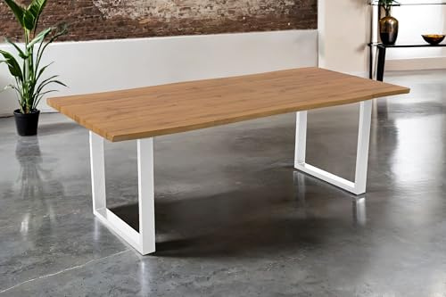 SAM Esstisch Josy 220x100 cm Holz Wildeiche-Optik U-Gestell weiß | 40 mm Tischplatte mit Baumkante, Metallgestell, Tisch für Esszimmer & Küche
