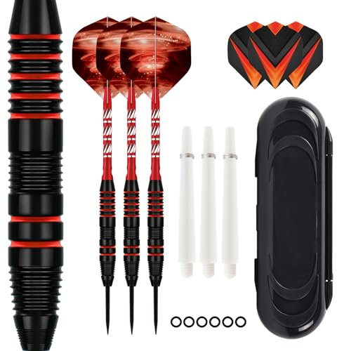 ZLFCypheria 3 stück Dartpfeile mit Metallspitze, Profi Steeldarts mit Metallspitze Steeldarts Set, mit 3 Flights 3 Aluminium Schaft 12 Anti-Lose Gummiringe, 1 Dart Case (Rot)