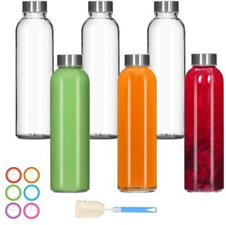 EkkoVla 500ml Glass Water Bottles - 6 Pack Glass Juice Bottles with Stainless Steel Lids - Reusable Leakproof Drinking Containers for Water, Milk, Smoothie, Hot & Cold Drinks