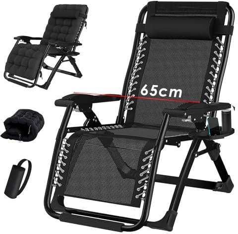 TYGYSDO Chaise longue de jardin pliable - Chaise de camping - Fauteuil de jardin - Dossier haut réglable - Chaise de détente - 200 kg - Noir - 65 cm