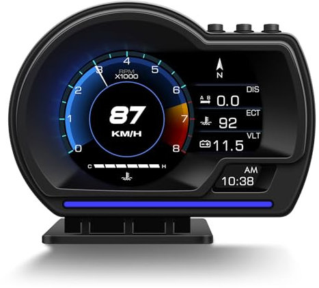 HUD Head-Up-Display OBD2+GPS Dualsystem - Digitale Anzeige Geschwindigkeit (KMH/MPH), Drehzahl, Turbo, Wasser-/Öltemperatur | Mit Überdrehzahlalarm & einstellbarer Halterung | Universal für alle Autos