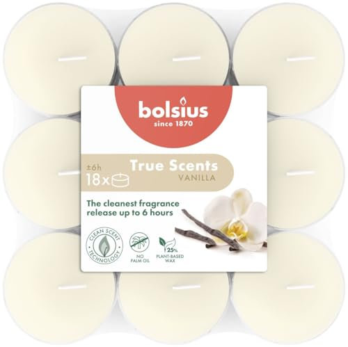 Bolsius - True Scents - 18 Candele Profumate per Tealight - Vaniglia - Durata Lunga della Combustione di 6 Ore - Diametro 39 mm - Contiene Estratti Naturali - Cera Vegetale - Senza Olio di Palma