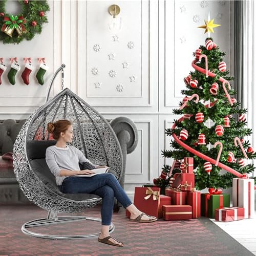 GadgetHaven Egg Chair - Outdoor Hanging Chair with Weather-Resistant Rattan, Thick Cushion & Steel Frame - Modern Patio Furniture for Garden, Balcony & Poolside (Grey Egg Chair & Black Cushion)