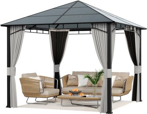 Amopatio Gartenpavillon 3x3 m Wasserdicht Stabil Winterfest, Alu Pavillon mit Polycarbonat - Dach, Hardtop Pavillon mit Moskitonetz & Seitenteile für Garten, Terrassen (Grau)