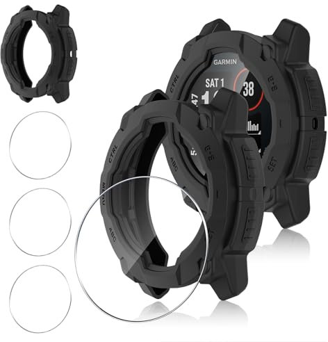 Funrae Hard Funda Compatible con Garmin Instinct 3 50mm AMOLED/Solar, 9H HD Cristal Templado Protector de Pantalla *3, Anti-Choque Parachoques Anti-rasguños Protector Marco Funda*1- Negro