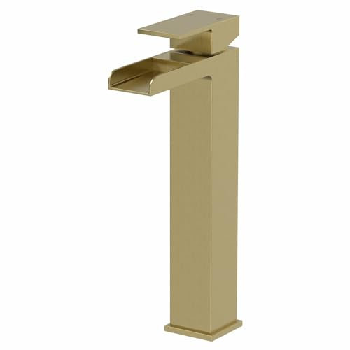 Architeckt® Dakota Bathroom High Rise Waterfall Basin Sink Mixer Tap for Countertop Modern Mono Square Single Lever Handle Faucet for Sinks, Brushed Brass