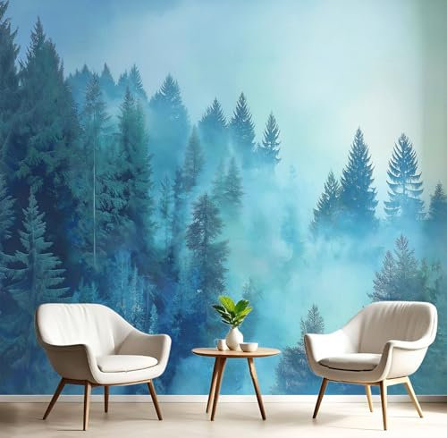 MIATCENRT 3D Papier Peint Mystère Paysage, Brume Forêt Papier Peint Panoramique Pour Salon Restaurant Chambre Chambre D'Enfant Décoration Murale, 400x280cm (L×H), Sur Mesure Taille, Sarcelle