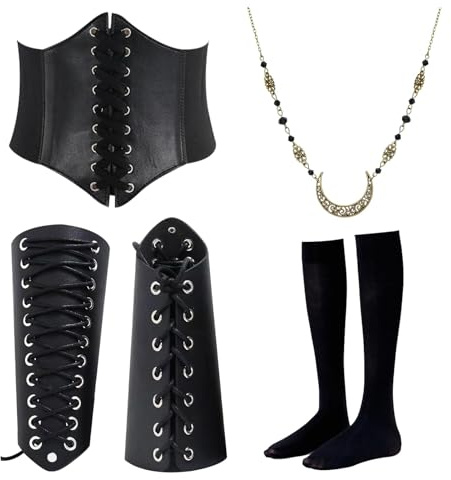 Ourdort Mittelalter Kleidung für Damen Accessoires Set,Mittelalter Kostüm | Mittelalterliche Accessoires Set,Kommt Gürtel, Kniestrümpfen, Armschützern und Halskette,für Karneval Halloween.