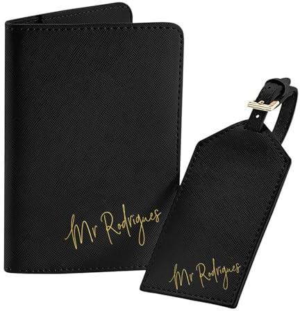 miguha Personalisiertes Set aus Reisepasshülle und Kofferanhänger, individuelles Reisepass-Cover-Set für Verlobungsreisen, Geschenke für die Hochzeitsgesellschaft Mr Mrs(Black)