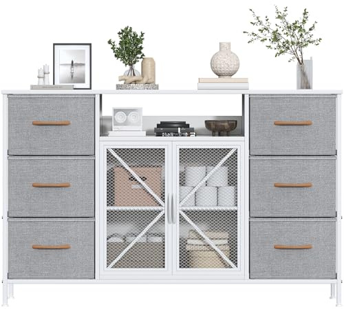 Feonase Chest of Drawers with 6 Drawers& Mesh Doors,Bedroom Drawers, Fabric Dresser with Wood Top,TV Stand Storage Unit for Bedroom, Living room(Light Gray)