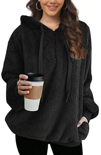 Vossmi Felpe con Cappuccio da Donna Maglione Oversize Felpa in Pile Maniche Lunghe Sweatshirt Peluche Calda Casual Pullover Elegante Coulisse Invernale