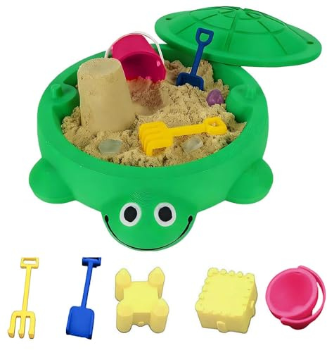 Mini Turtle Sandbox with Lid - Portable Play Sand Box for Kids, Zen Sensory Sandscape Kit with Molds & Mini Tools, Fun Gifts & Home Office Decor for Meditation & Stress Relief (Green)
