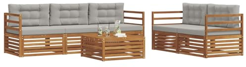 vidaXL Outdoor-Sofagarnitur mit Kissen 6 pcs Natürlich und Hellgrau, Garten, modernes Outdoor-Sofa, gemütliche Terrassen-Sitzgruppe aus robustem Material