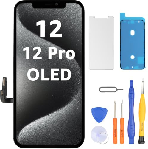 LL TRADER Display für iPhone 12/12 Pro 6.1 OLED Ersatzbildschirm und Kits | OLED Retina FHD 3D Touch Digitizer Rahmenmontage mit Wasserfestem Klebeband und Displayschutzfolie (True Tone Programmierbar)