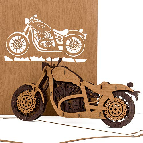 Pop Up Karte Motorrad - braun - 3D Card Motorbike – Einladung, Geburtstagskarte & Gutschein zu Führerschein, Motorrad Ausflug – Motorradkarte