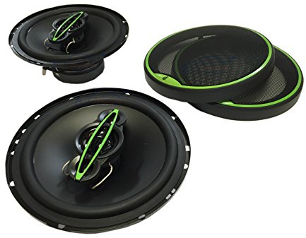 XtremeAuto® 2 x 6.5 (17cm diameter), 660 Watt, 4 WAY Quadaxial Car speaker set. BLACK/GREEN with speaker grilles.