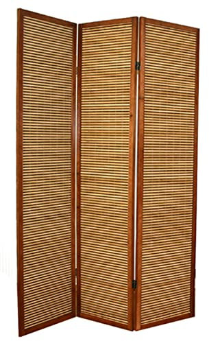 Paravent en bois brun avec bambou de 3 pans -PEGANE-
