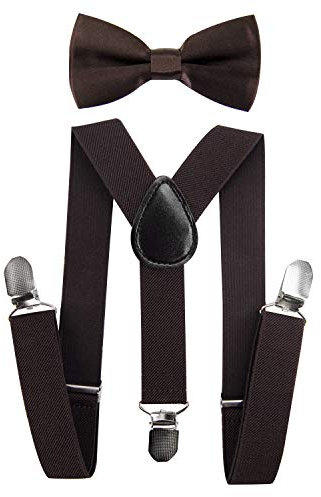 axy Hochwertige Kinder Hosenträger-Y Form mit Fliege- 3 Clips EXTRA STARK-Uni Farben (Dunkelbraun)