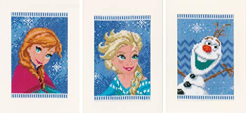 Vervaco PN-0168526 WD Grußkarten ELSA, Olaf und Anna Aida 3er Set Kreuzstickpackung zum Auszählen, weiß, 10,5 x 15 x 0,30 cm