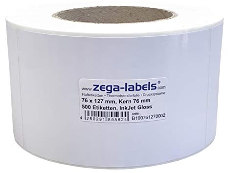 Inkjet Etiketten auf Rolle - 76 x 127 mm - 500 Stück je Rolle - Kern: 76 mm - Papier weiss glänzend - aussen gewickelt - permanent haftend - Druckverfahren: Ink Jet (Rollen Tintenstrahl Drucker)