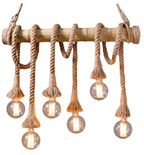 LÁMPARA COLGANTE INDUSTRIAL VINTAGE CUERDA DE CÁÑAMO BAMBÚ RETRO E27 X 6 LÁMPARA COLGANTE ANTIGUA