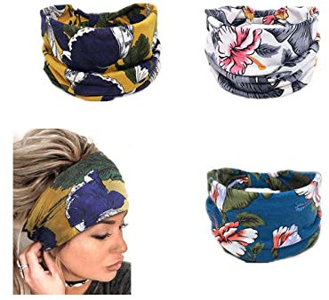 Yean Boho-Yoga-Stirnbänder, breit, elastisch, Blumenmuster, Turban, modisches Haarband für Frauen und Mädchen, 3 Stück (Blumendruck, gelb)