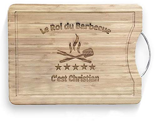 KDO MAGIC - Planche à découper personnalisée - Plateau gravé avec un prénom - Matière bambou - Poignet en acier - cadeau papa (Barbecue)