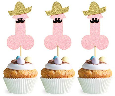 Juliyeh 24 Stück Glitzer-Cupcake-Topper mit Mini-Hut, Schnurrbart-Plektren, Brautparty, Junggesellenabschied, Geburtstagsparty, Kuchendekoration, Zubehör, rosa, klein