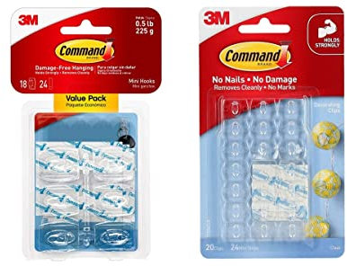 Command Mini Clear Hooks with Clear Strips 17006CLR-VP & 17026CLR Decoration Clips for Christmas and Fairy Lights